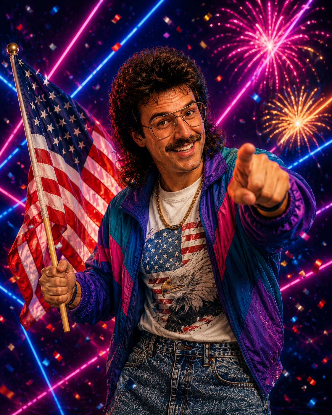 A retro-80s patriot group portrait — mullets, denim, American flag, fireworks — celebrating Cloxbi's Founder's Offer.