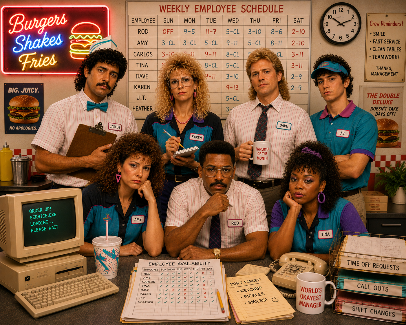 A 1980s burger-and-shakes diner crew crowded around a weekly employee schedule with an availability grid, time-off requests, and call-outs