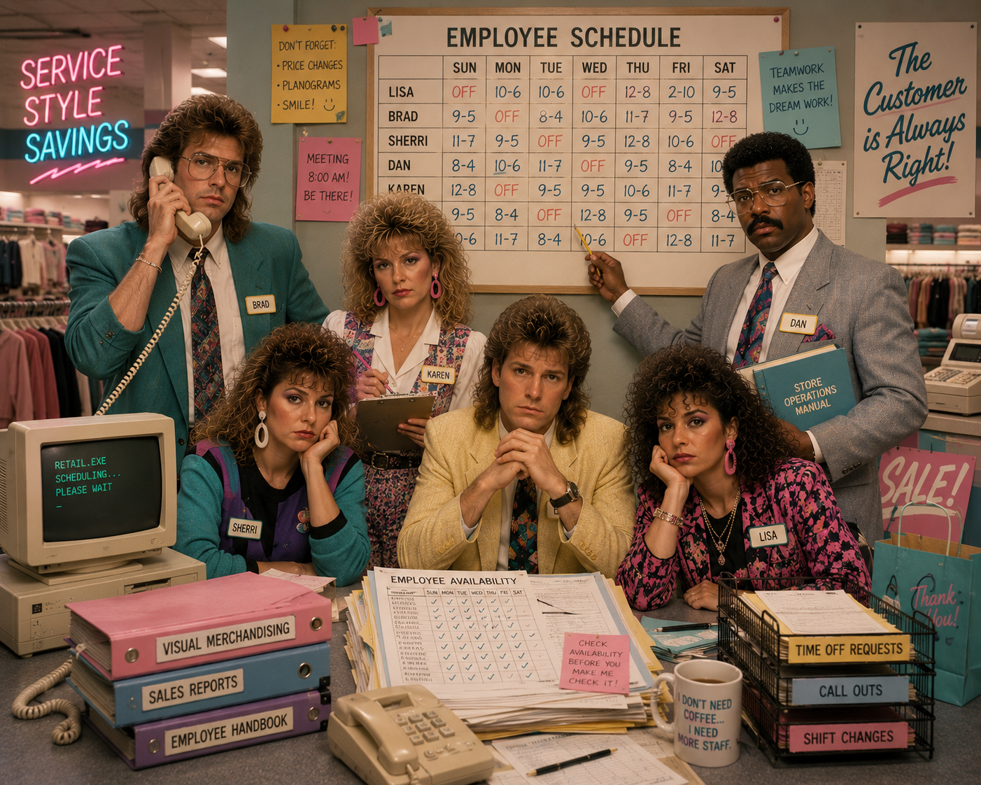 A 1980s department store team crowded around a bulletin-board employee schedule, availability sheets, and time-off trays