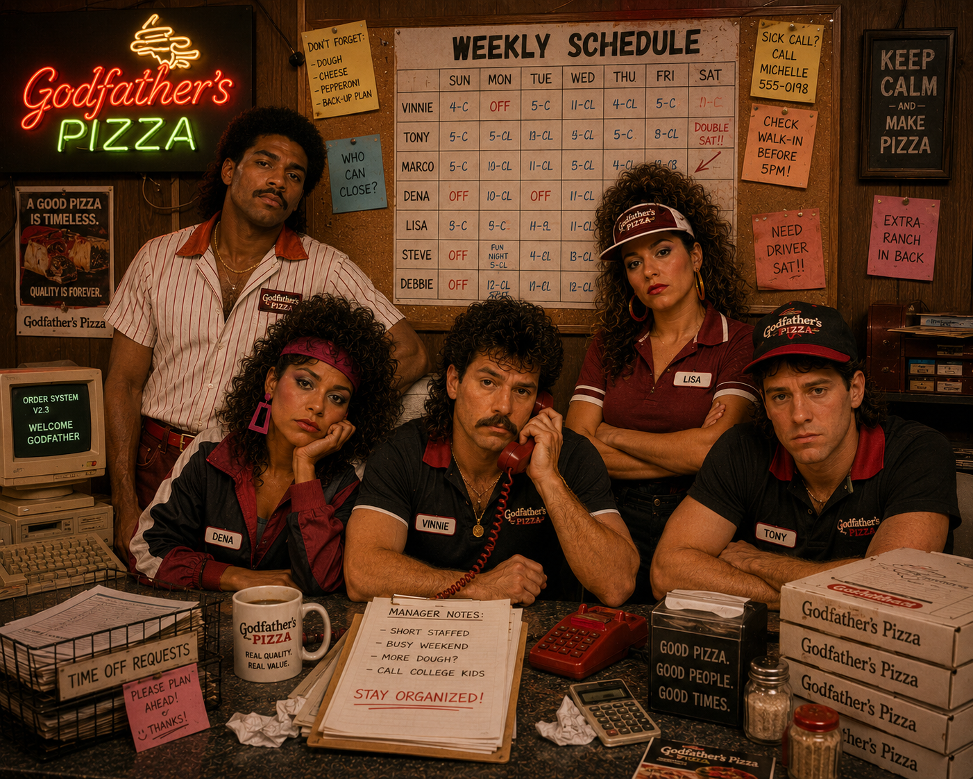 A 1980s Godfather’s Pizza franchise crew crowded around a bulletin-board weekly schedule with time-off requests and a vintage phone