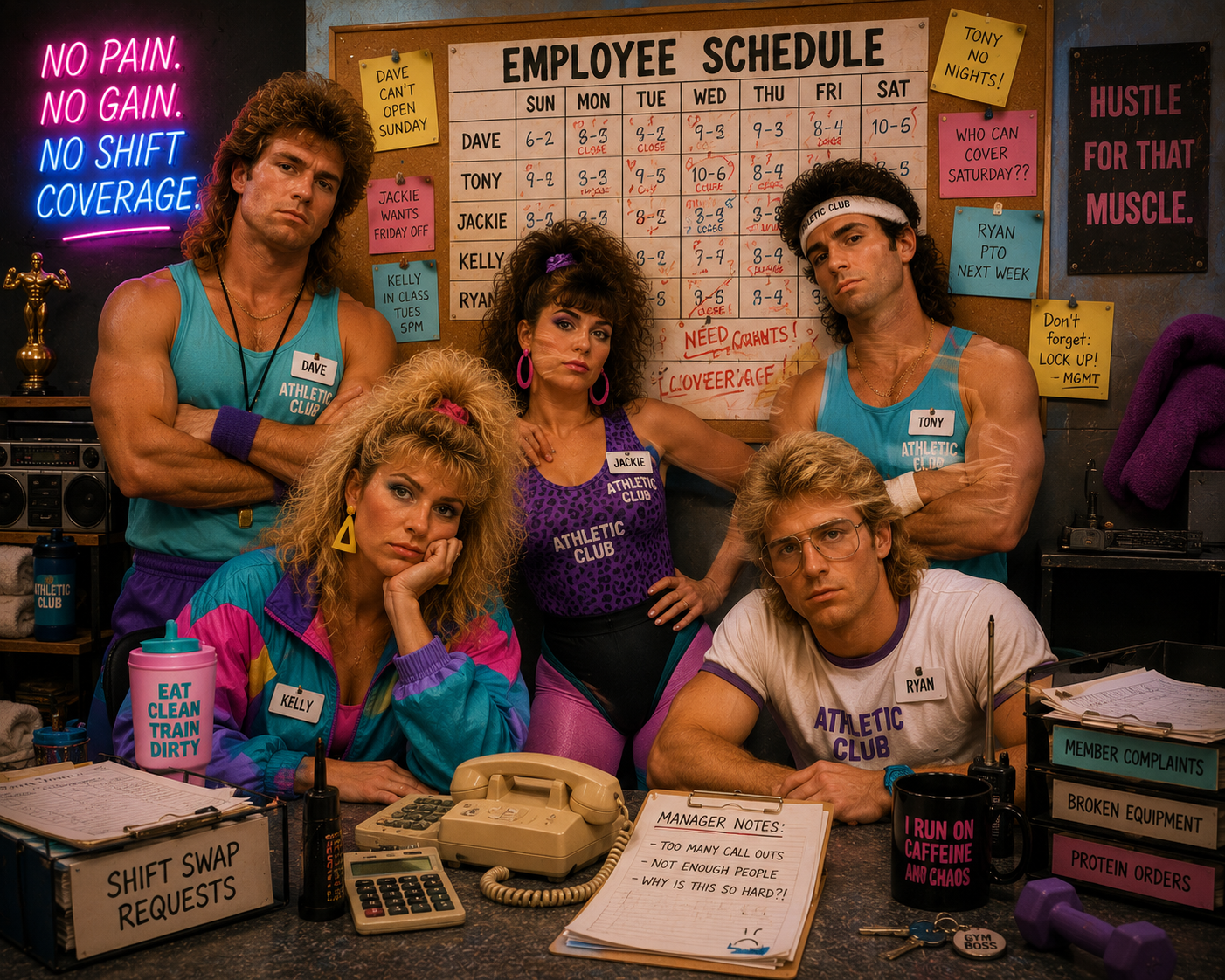 A 1980s athletic club team crowded around a bulletin-board employee schedule with shift-swap requests, PTO notes, and a vintage phone