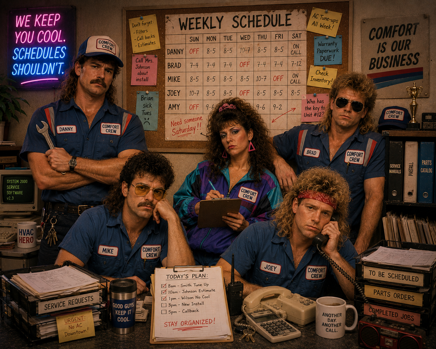 A 1980s HVAC service crew crowded around a bulletin-board weekly schedule with call-backs, on-call notes, and a vintage phone