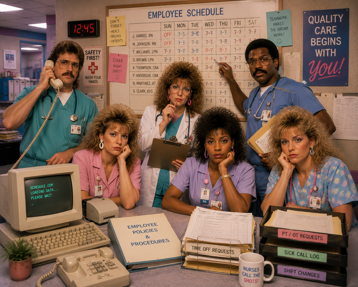 A 1980s medical practice team crowded around a bulletin-board nurse schedule with sick-call logs, PTO requests, and shift-change trays