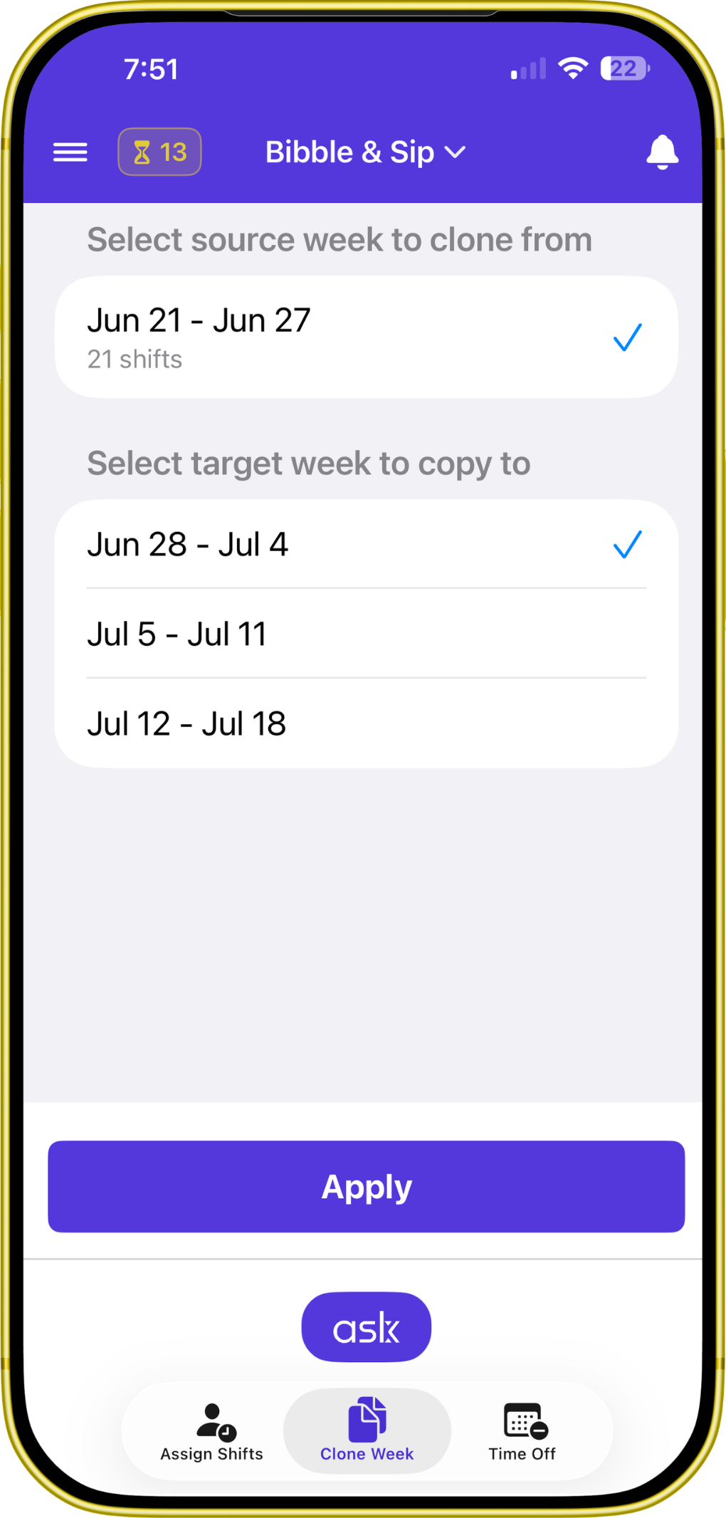 Cloning a full week of shifts forward in the Cloxbi app