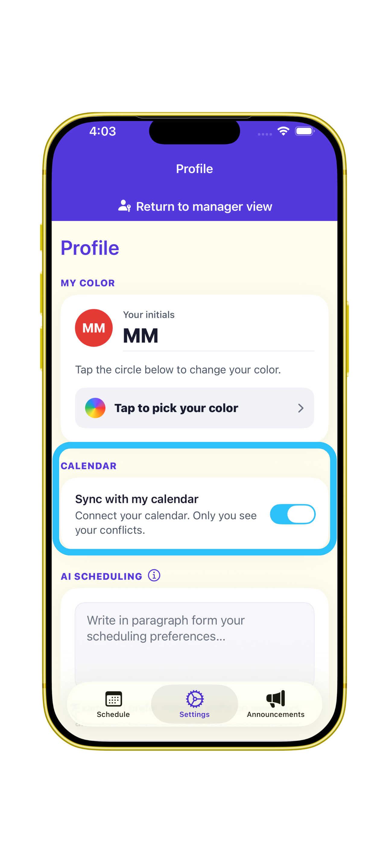 Calendar sync screen