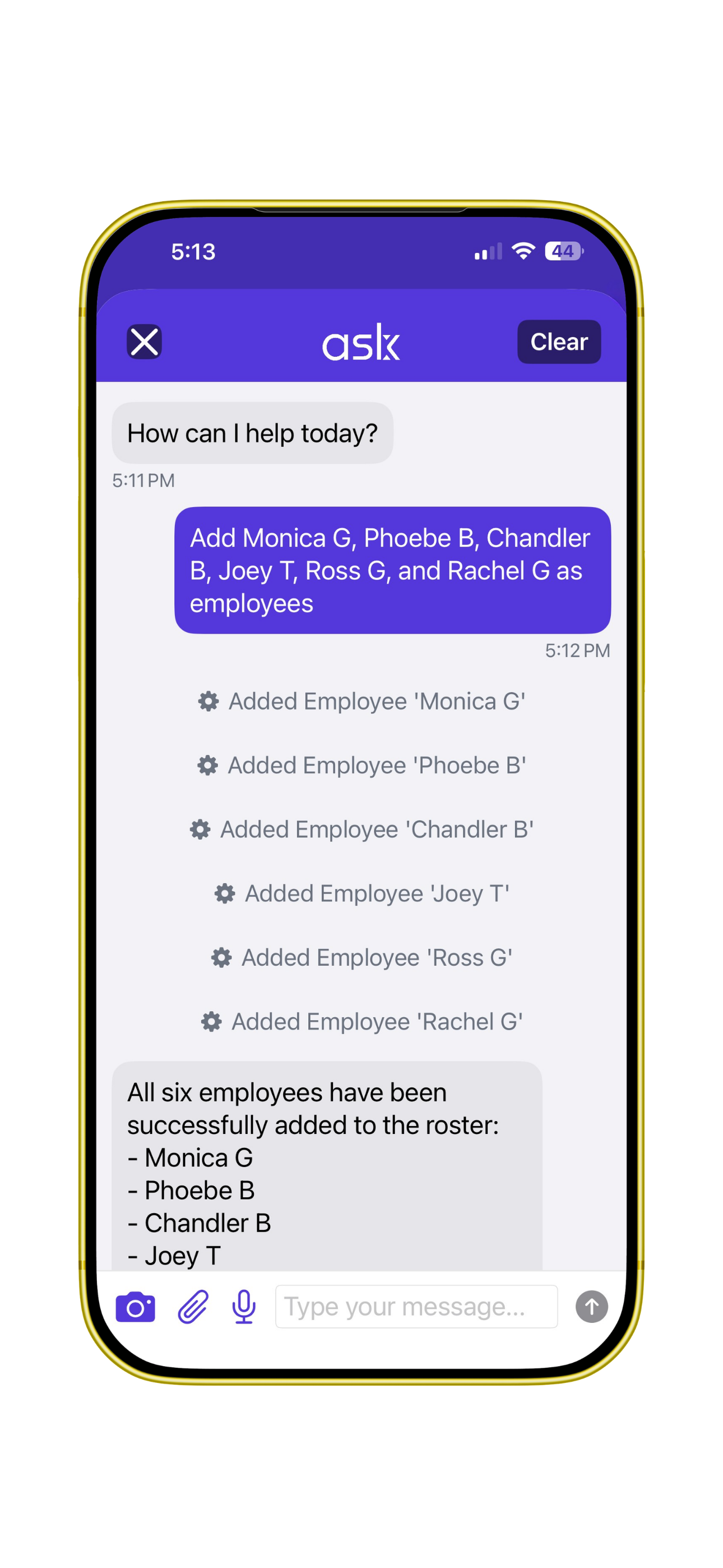 Ask Cloxbi screen on iPhone