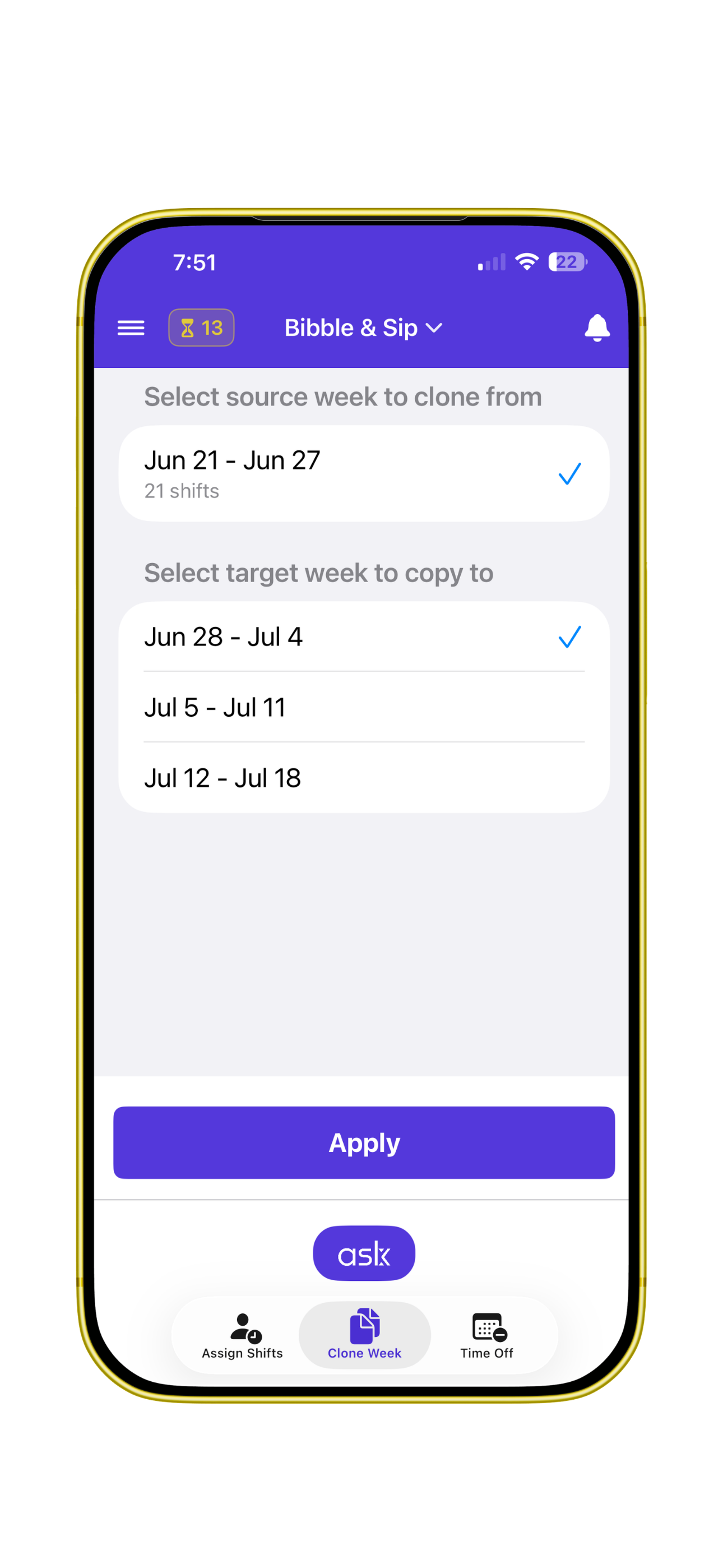 Clone Schedules screen on iPhone