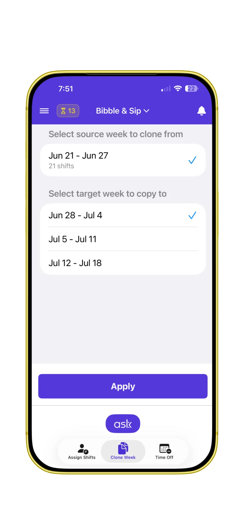 Cloning a full week of shifts forward in the Cloxbi app