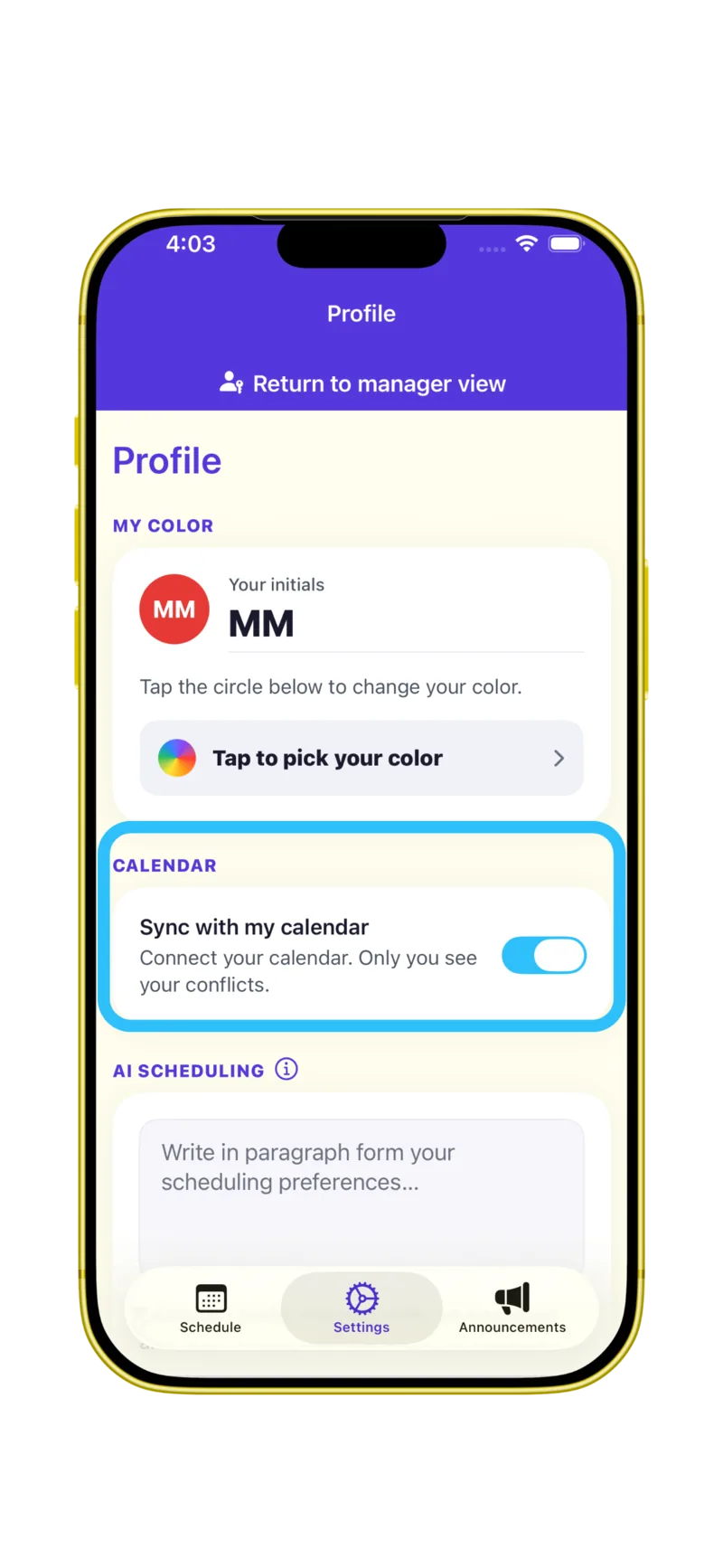 Calendar sync screen