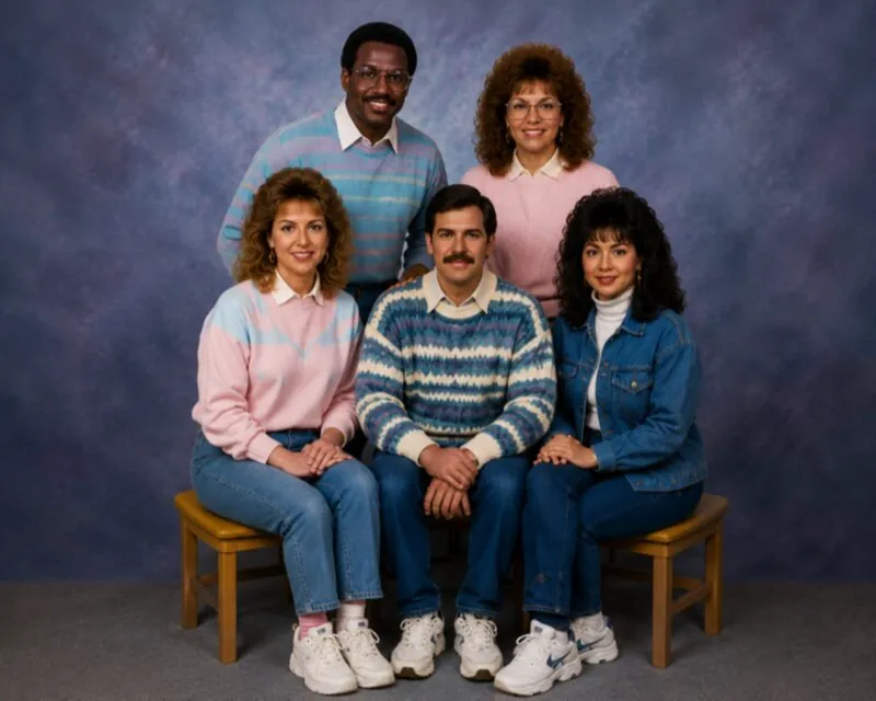 Sears catalog-style group portrait from a regrettable era