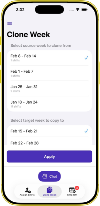 Clone Week screen on iPhone