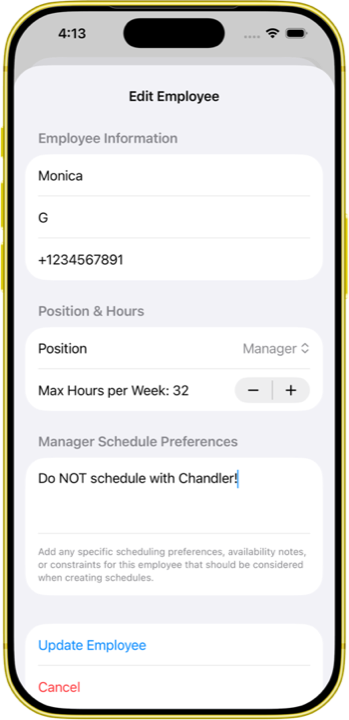 Edit Employee Preferences screen on iPhone