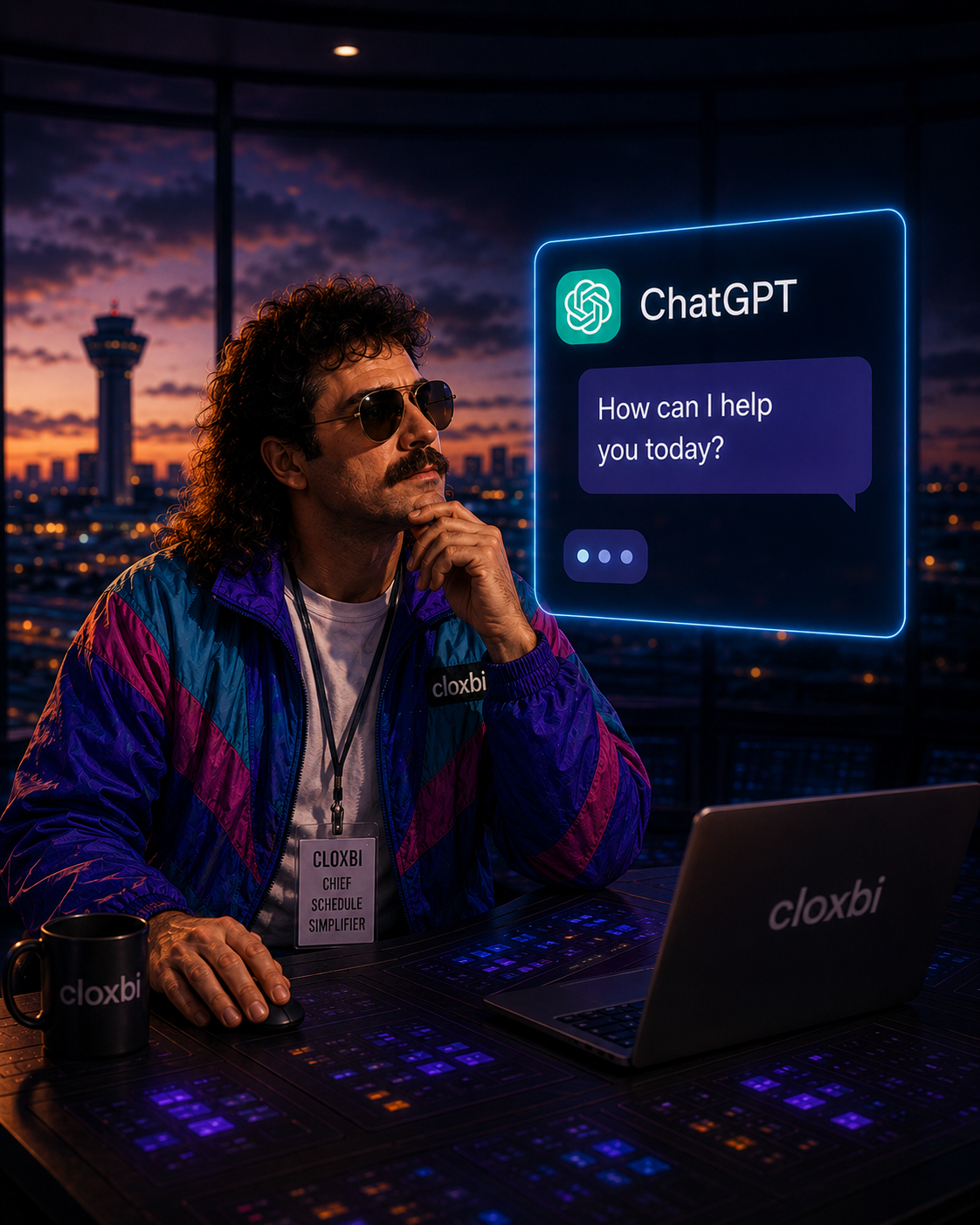 Cloxbi Carl in a control tower watching ChatGPT and Claude build a Cloxbi schedule
