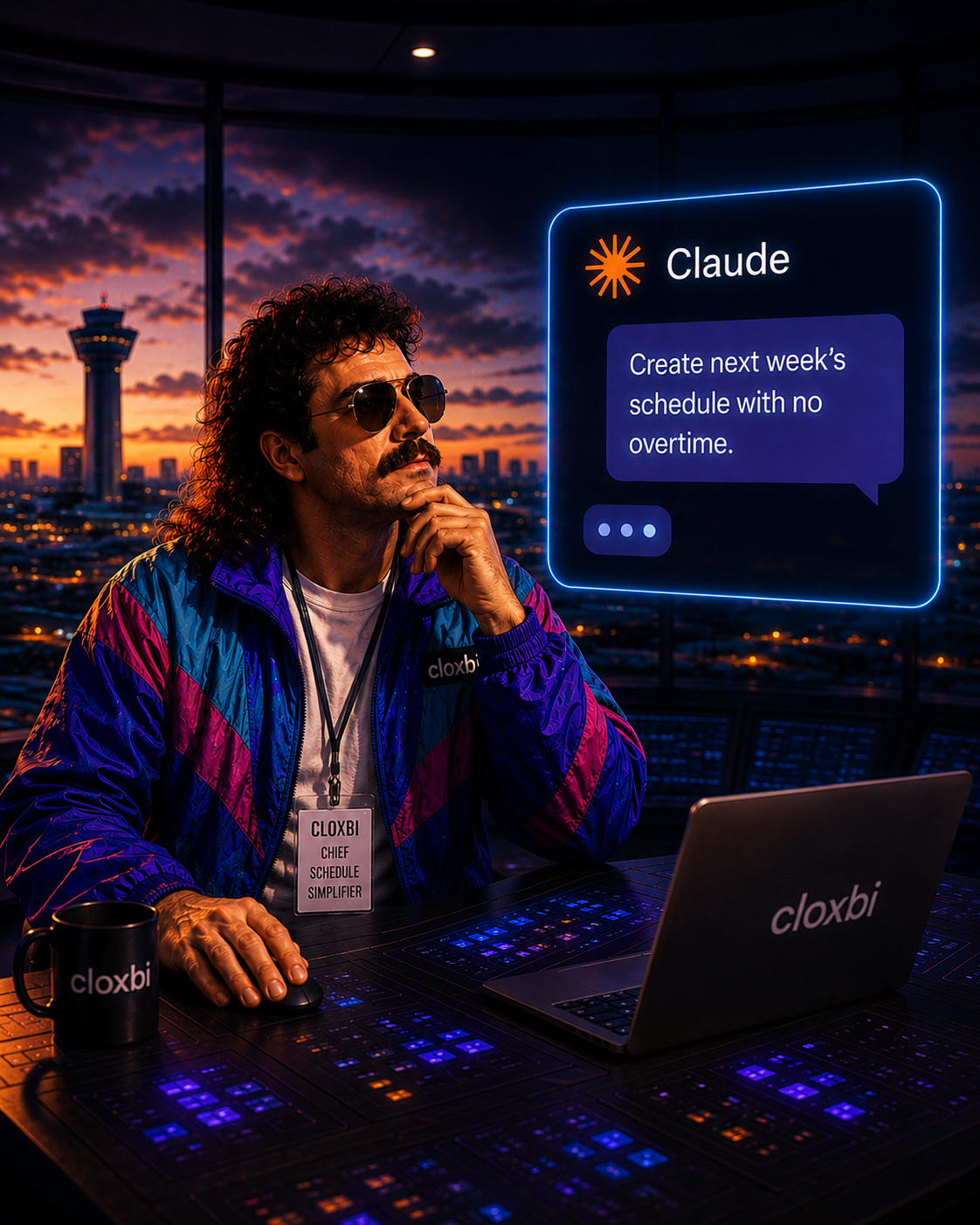 Cloxbi Carl in a control tower watching Claude build a Cloxbi schedule with no overtime