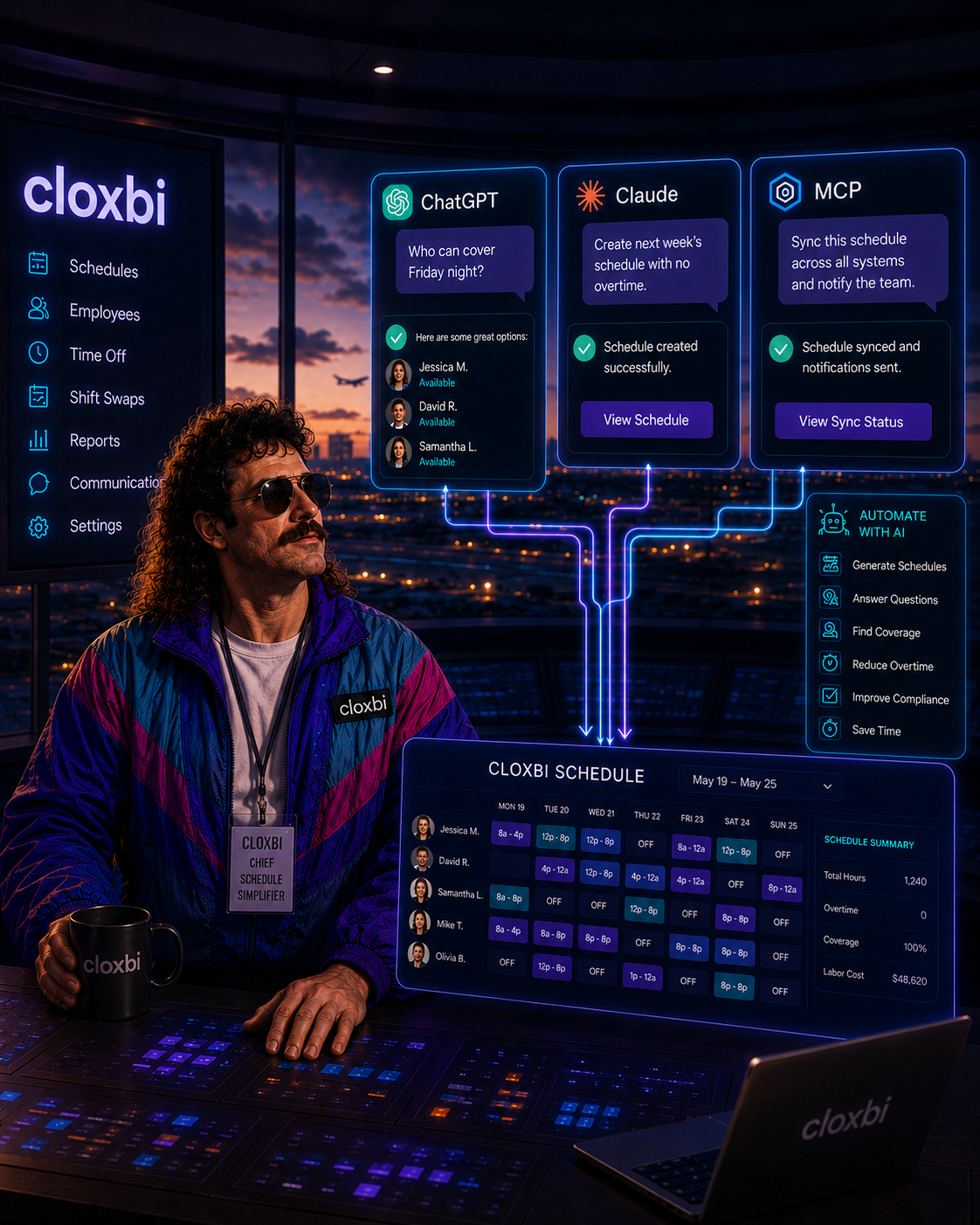 Cloxbi Carl at a control desk with ChatGPT, Claude, and MCP all building the Cloxbi schedule