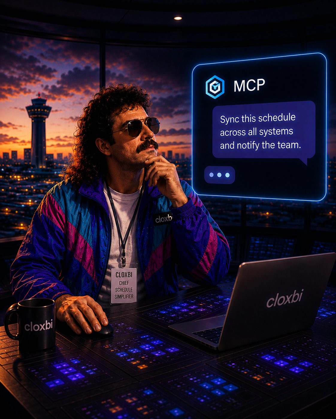 Cloxbi Carl in a control tower with multiple MCP clients connected to a Cloxbi schedule