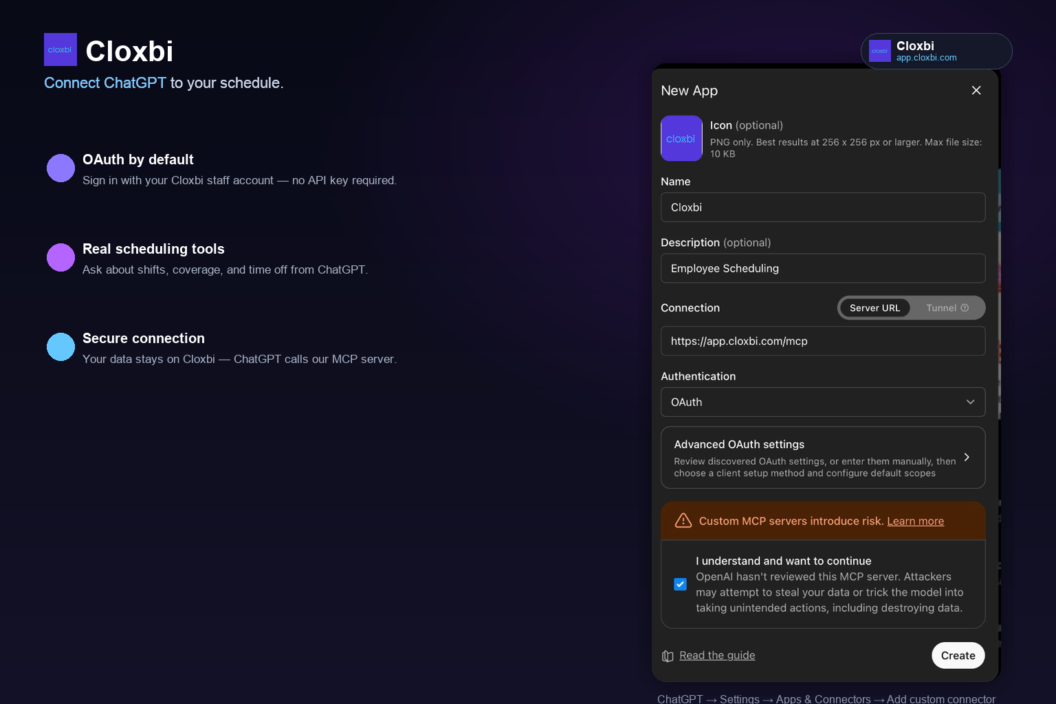 ChatGPT custom MCP connector form for Cloxbi with URL and OAuth authentication