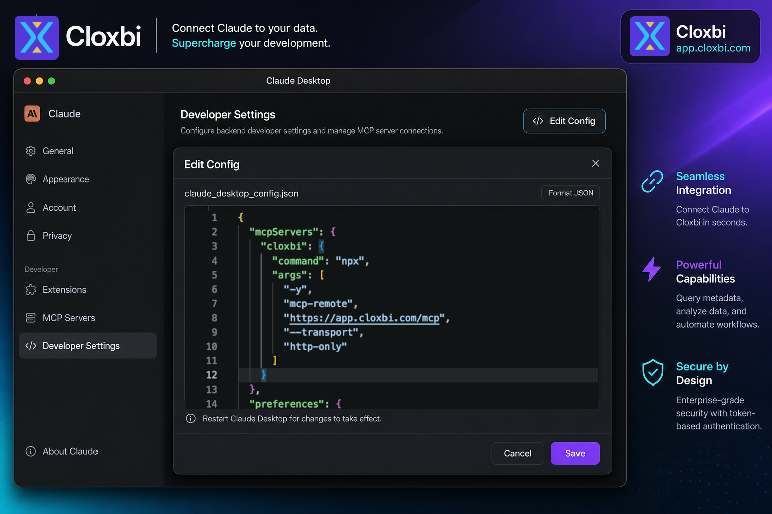 Claude custom MCP connector for Cloxbi with URL and OAuth authentication