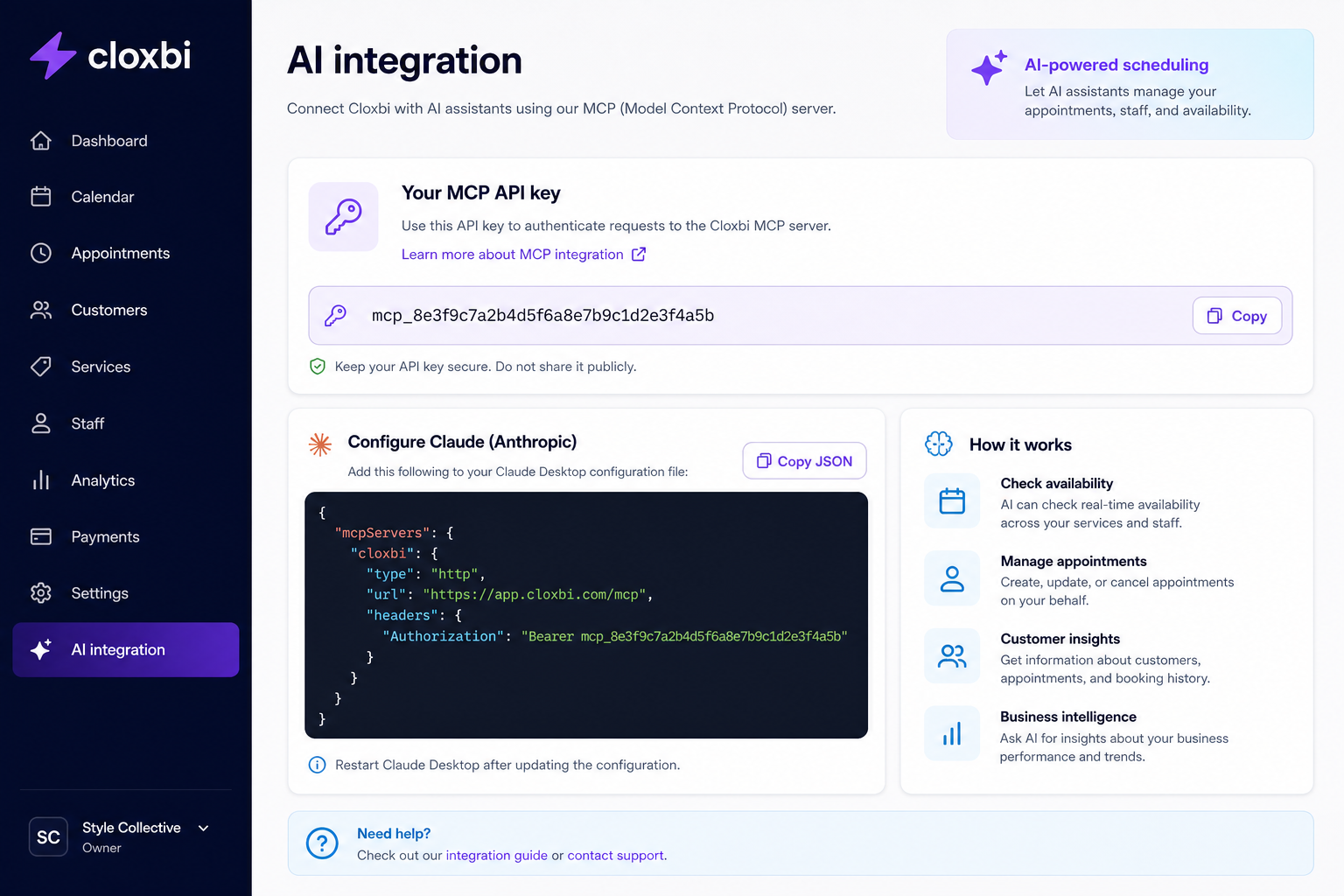 Cloxbi AI integration page showing MCP OAuth URL and optional API key