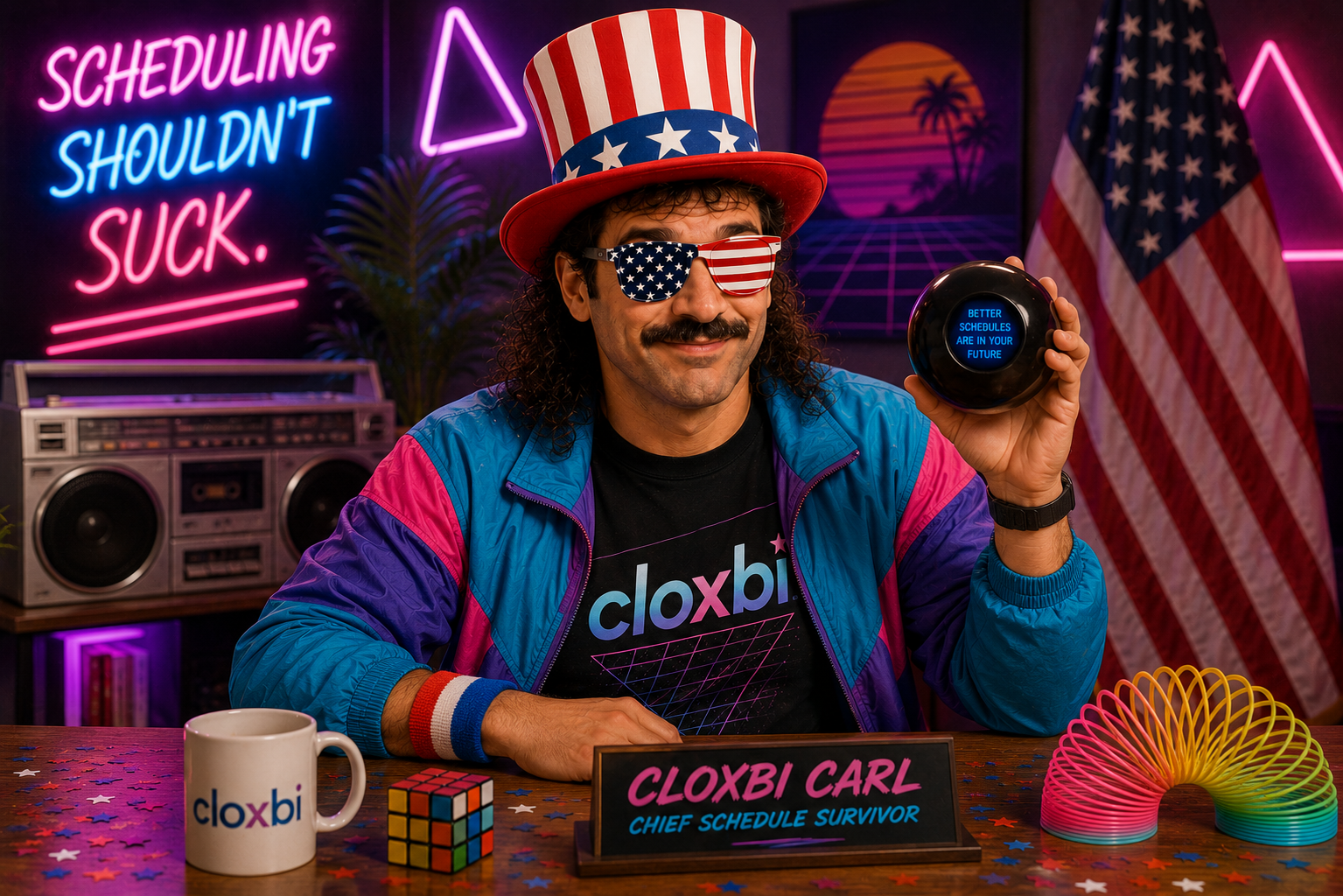 Cloxbi Carl in a stars-and-stripes top hat holding a Magic 8-Ball reading 'Better schedules are in your future'