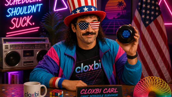 Cloxbi Carl in a stars-and-stripes top hat holding a Magic 8-Ball reading 'Better schedules are in your future'