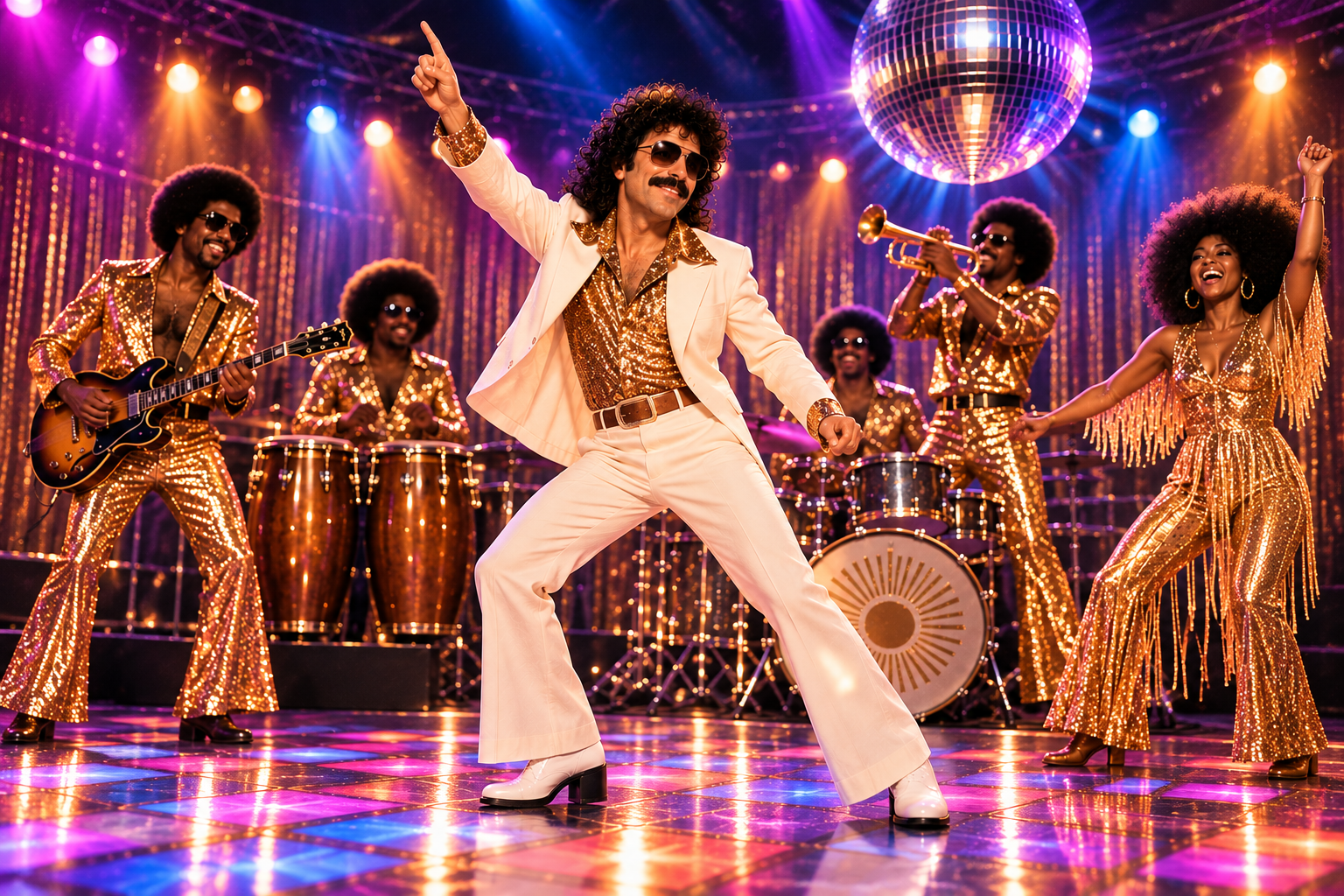 A disco band in gold sequined outfits performs under a mirror ball — a dancer in a white suit points skyward at center stage while a guitarist, congas, drums, trumpet, and a backup dancer surround him on a lit dance floor