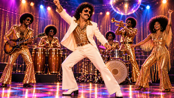 A disco band in gold sequined outfits performs under a mirror ball — a dancer in a white suit points skyward at center stage while a guitarist, congas, drums, trumpet, and a backup dancer surround him on a lit dance floor