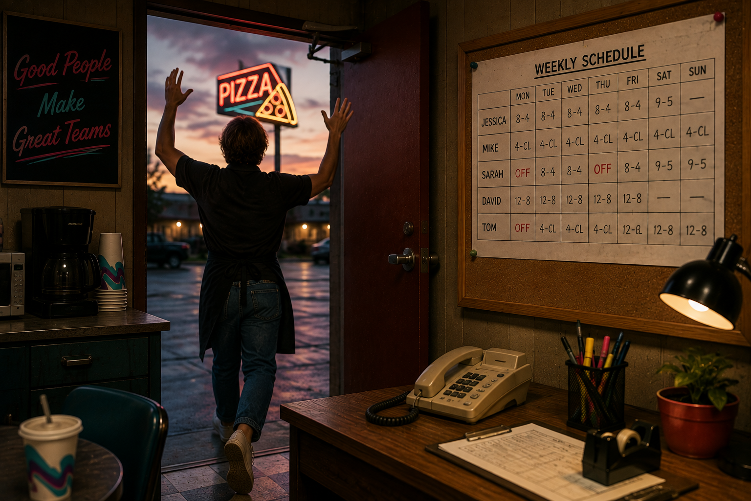 An hourly employee in an apron walking out the back door of a pizza restaurant at dusk, past a cork bulletin board holding a handwritten weekly schedule and a poster reading 'Good People Make Great Teams'
