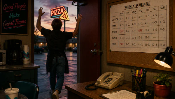 An hourly employee in an apron walking out the back door of a pizza restaurant at dusk, past a cork bulletin board holding a handwritten weekly schedule and a poster reading 'Good People Make Great Teams'