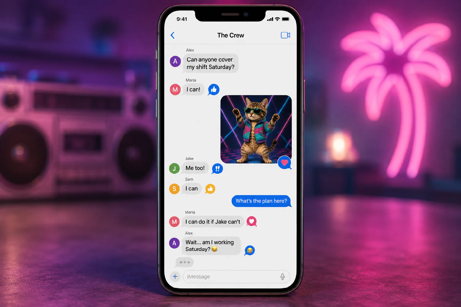 A group chat called The Crew on a phone: four people negotiate a Saturday shift swap between thumbs-up reactions and a dancing cat GIF, ending with 'Wait… am I working Saturday?'