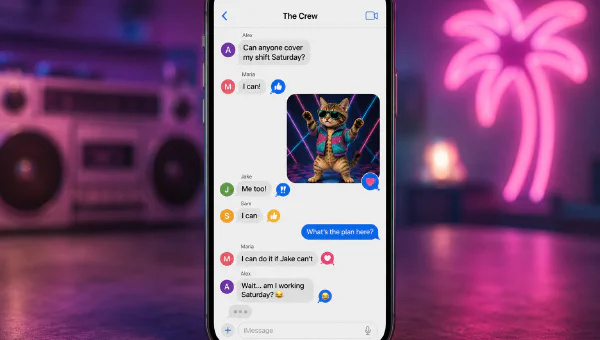 A group chat called The Crew on a phone: four people negotiate a Saturday shift swap between thumbs-up reactions and a dancing cat GIF, ending with 'Wait… am I working Saturday?'