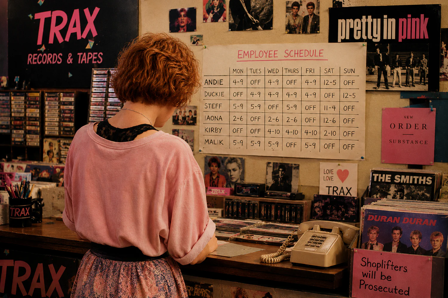 A woman in a pink sweatshirt stands behind the counter of the Trax record store, looking up at a handwritten employee schedule pinned to a cork bulletin board beside a Pretty in Pink poster
