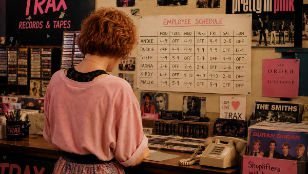 A woman in a pink sweatshirt stands behind the counter of the Trax record store, looking up at a handwritten employee schedule pinned to a cork bulletin board beside a Pretty in Pink poster