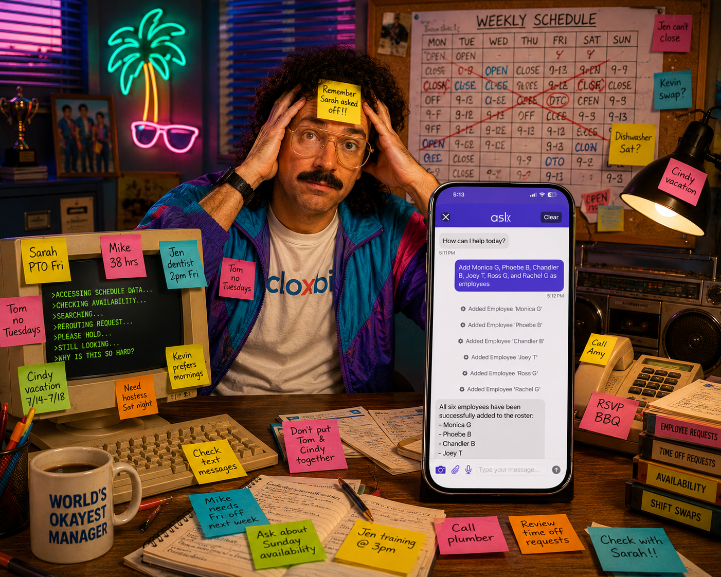 A stressed 80s-styled manager surrounded by sticky notes and a messy desk, holding his head, with an Ask Cloxbi chat open on his phone resolving employee scheduling requests