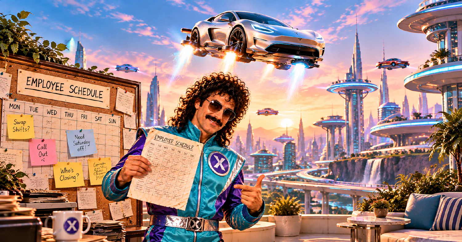 Cloxbi Carl in a purple-and-cyan jumpsuit holds up a paper employee schedule on a futuristic rooftop while a silver flying car with thrusters hovers over a skyline — behind him, a cork bulletin board is covered in sticky notes reading Swap Shifts?, Call Out, Need Saturday off!, and Who's Closing?