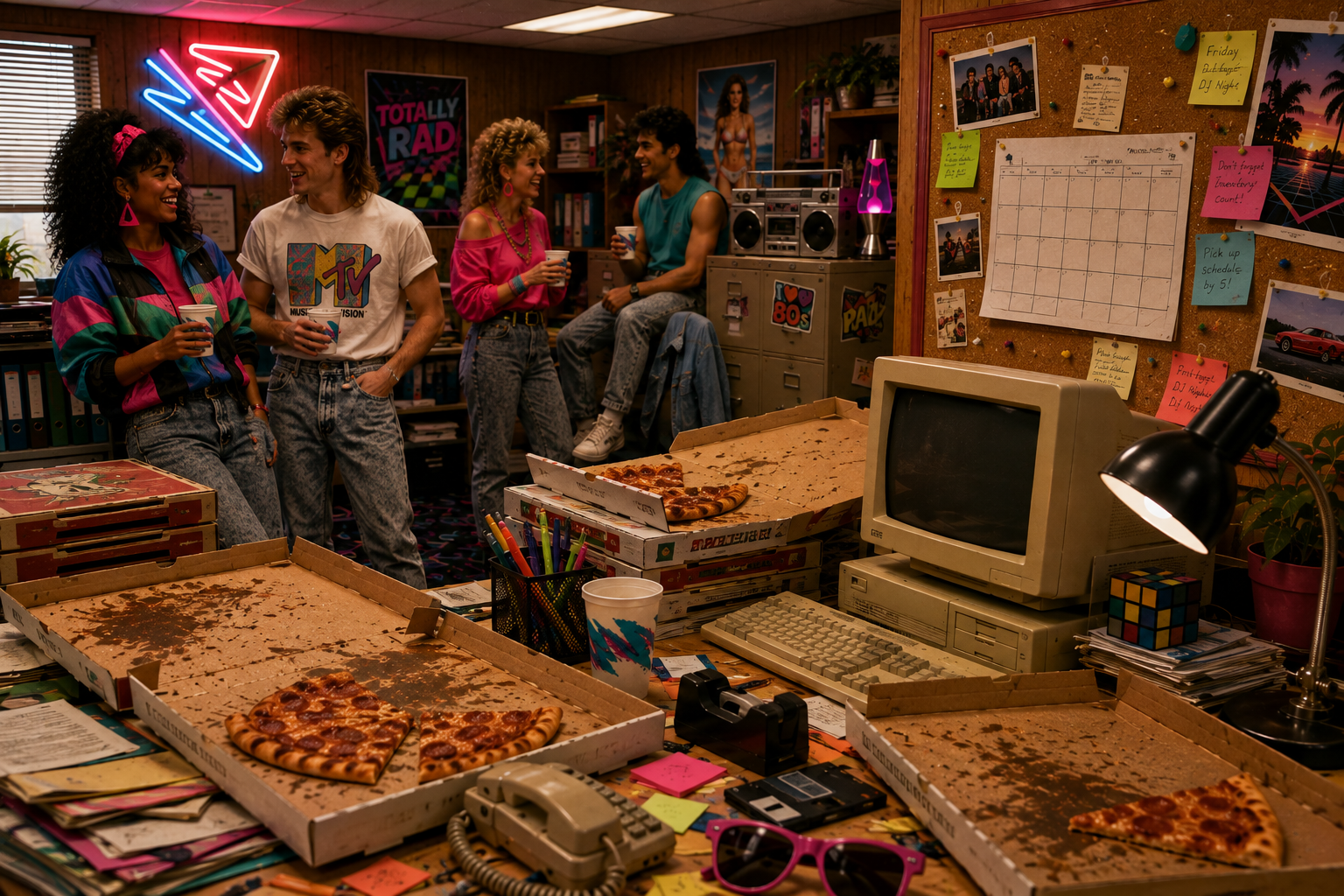 An 80s office pizza party — team in retro outfits with pizza boxes, a boombox, and a cork bulletin board holding a paper schedule and a sticky note reading 'Pick up schedule by 5!'
