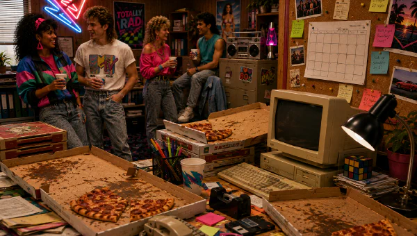 An 80s office pizza party — team in retro outfits with pizza boxes, a boombox, and a cork bulletin board holding a paper schedule and a sticky note reading 'Pick up schedule by 5!'