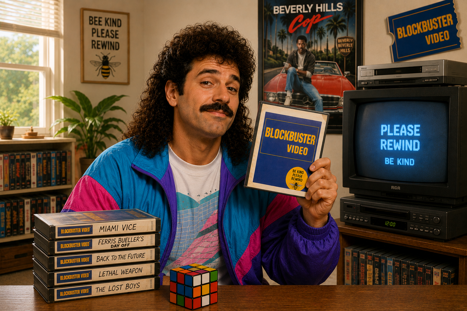 A man in an 80s shell jacket and mullet holds a Blockbuster Video tape beside a CRT TV reading 'Please rewind, be kind'