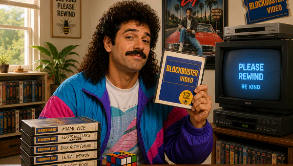 A man in an 80s shell jacket and mullet holds a Blockbuster Video tape beside a CRT TV reading 'Please rewind, be kind'