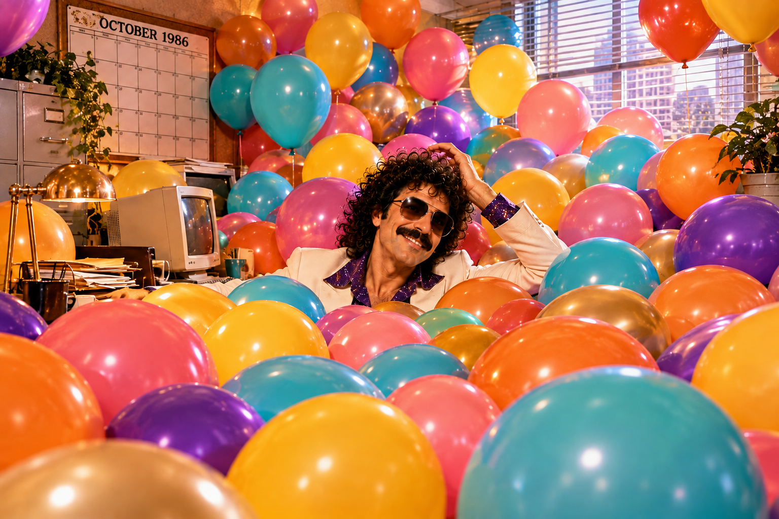 Cloxbi Carl — curly hair, mustache, aviators, and a white disco suit — grins while buried up to his chest in a sea of colorful balloons filling a 1986 office, with an October 1986 calendar on the wall behind him