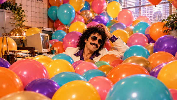 Cloxbi Carl — curly hair, mustache, aviators, and a white disco suit — grins while buried up to his chest in a sea of colorful balloons filling a 1986 office, with an October 1986 calendar on the wall behind him