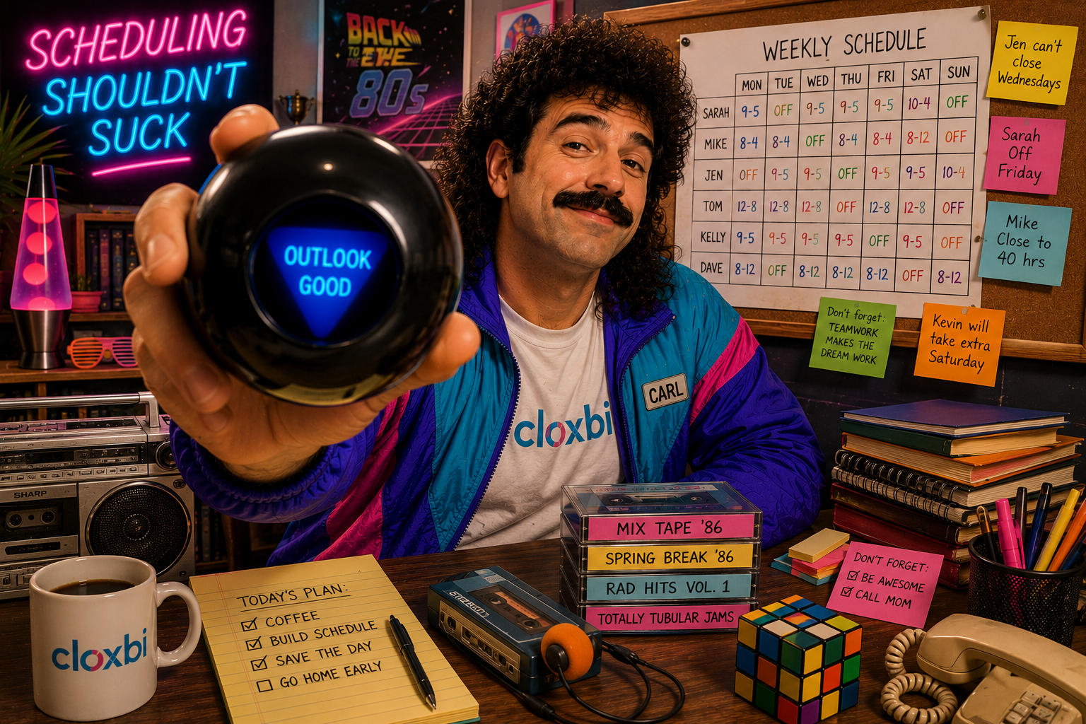 Cloxbi Carl in an 80s shell jacket holds up a Magic 8 Ball reading 'Outlook good' at a retro desk with a paper weekly schedule and sticky notes behind him