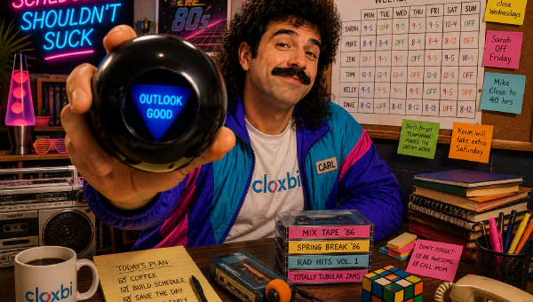 Cloxbi Carl in an 80s shell jacket holds up a Magic 8 Ball reading 'Outlook good' at a retro desk with a paper weekly schedule and sticky notes behind him