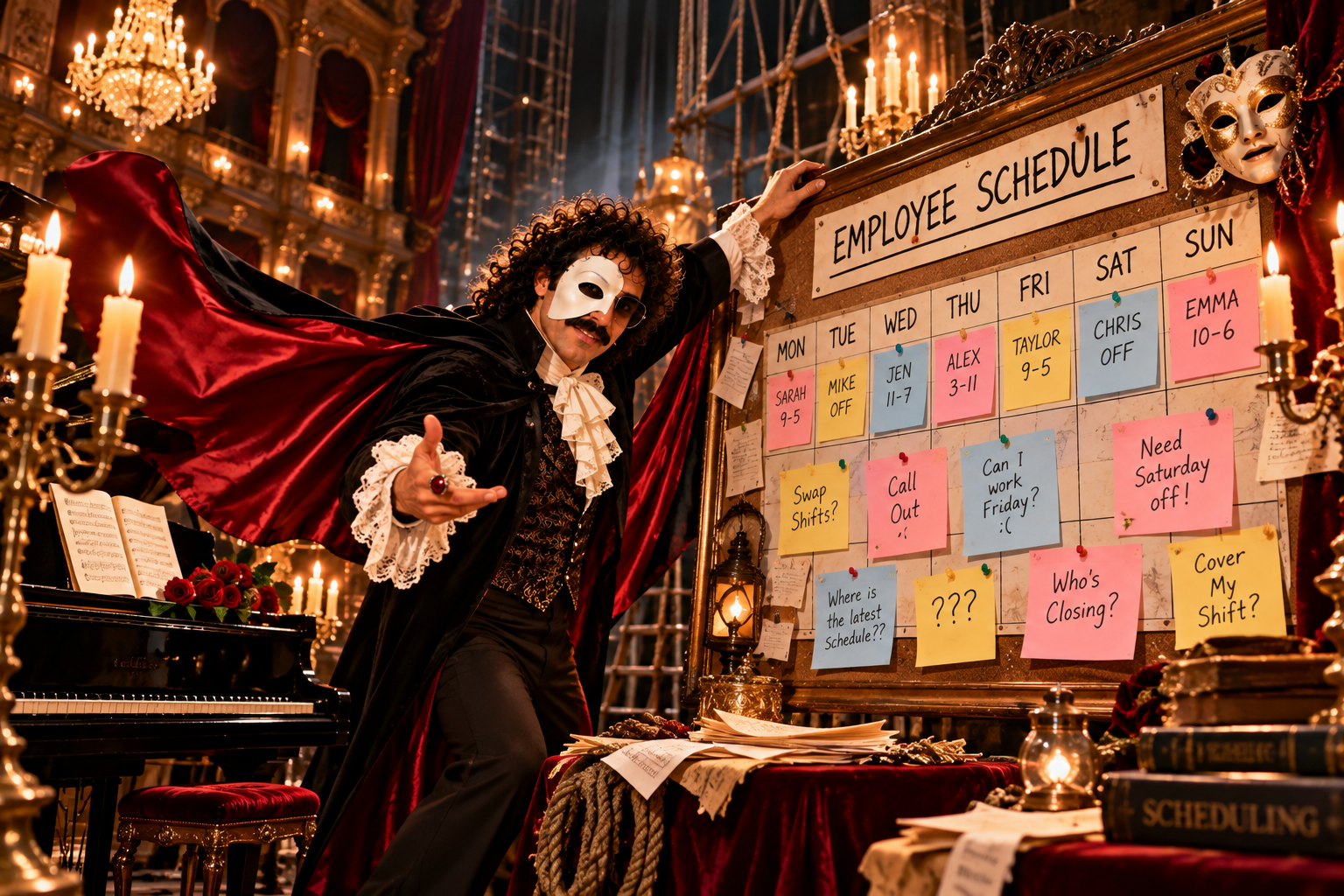 Cloxbi Carl in a Phantom half-mask, cape, and lace cuffs gestures dramatically beside a candlelit cork board labeled Employee Schedule, covered in sticky notes reading Swap Shifts?, Call Out, Who's Closing?, and Where is the latest schedule?