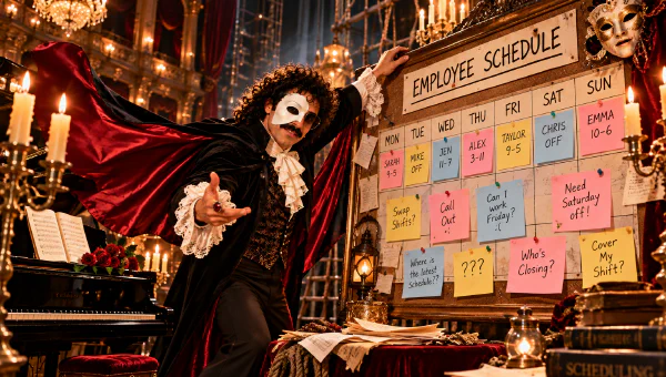 Cloxbi Carl in a Phantom half-mask, cape, and lace cuffs gestures dramatically beside a candlelit cork board labeled Employee Schedule, covered in sticky notes reading Swap Shifts?, Call Out, Who's Closing?, and Where is the latest schedule?