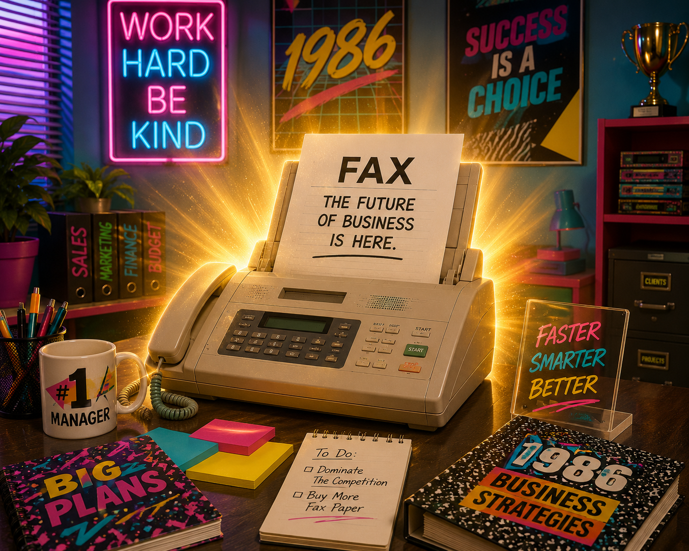A glowing fax machine on a retro 1986 office desk, printing a page that reads 'FAX: The future of business is here.'