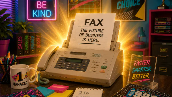 A glowing fax machine on a retro 1986 office desk, printing a page that reads 'FAX: The future of business is here.'