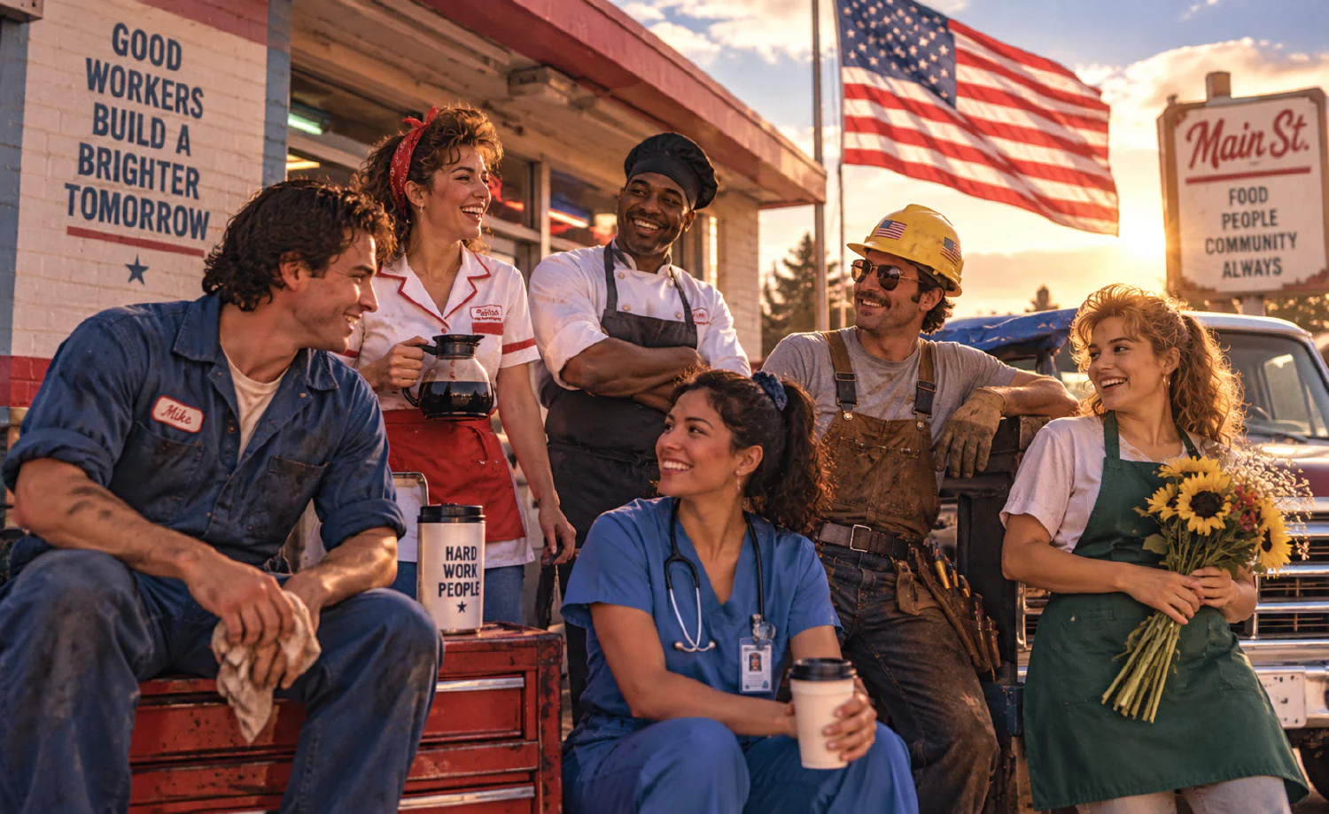Six workers on Main Street at golden hour — a mechanic, a diner waitress, a chef, a nurse, a construction worker, and a florist — under an American flag, beside a mural reading 'Good workers build a brighter tomorrow'