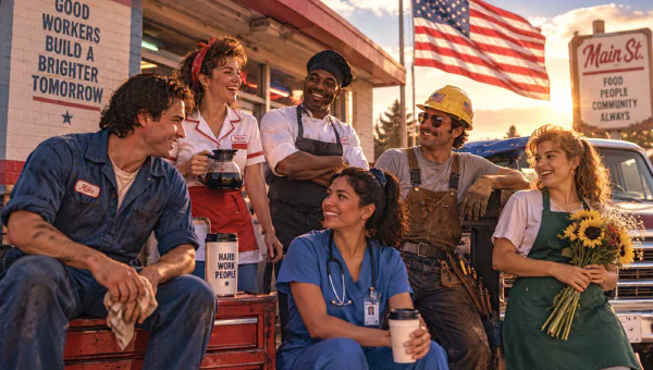 Six workers on Main Street at golden hour — a mechanic, a diner waitress, a chef, a nurse, a construction worker, and a florist — under an American flag, beside a mural reading 'Good workers build a brighter tomorrow'